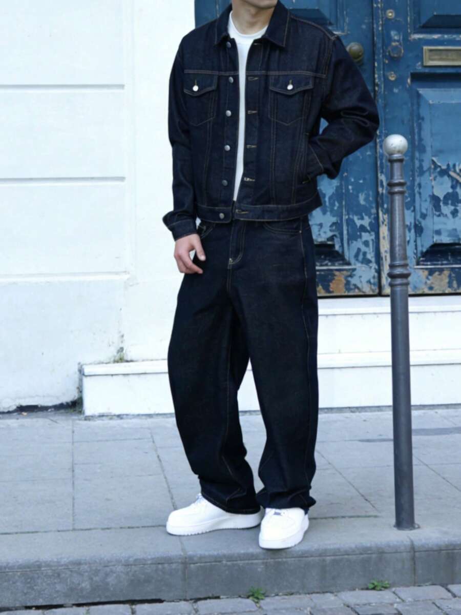 GALLERY FADE 男士深蓝色牛仔两件套，休闲夹克和宽松长裤，春秋季 - 深色水洗藍 - 查看 1