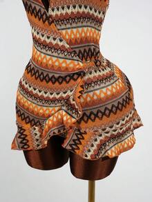 SaltGleam SaltGleam Striped Knit Textured Fabric Ruffle Trim Backless Halter Mini Dress - Multicolor - View 3