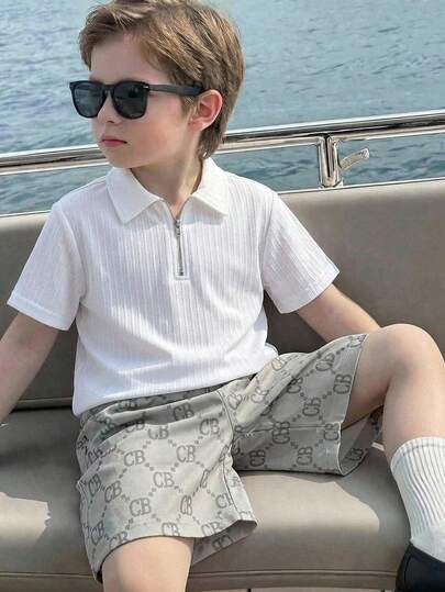 SHEIN 男童休闲校领短袖polo衫，纯色纹理面料，适合通勤、上学、休闲、运动、春夏穿着。