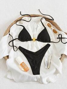 Swim Vcay Conjunto de bikini bohemio de 2 piezas "Swim Vacay", de color blanco crema sólido con textura, con tirantes ajustables, Bottom con espalda en T y pierna alta, tela jacquard especial y decoración de estrella de mar de metal, traje de baño lujoso, de moda y sexy para vacaciones de verano, atuendo de mujer - Negro - Ver 3