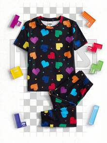 Tetris™ X SHEIN طقم ملابس علوية وسروال ليجنز منزلي للفتاة الصغيرة مطبوع بقلوب ملونة - الأسود - مشاهدة 2