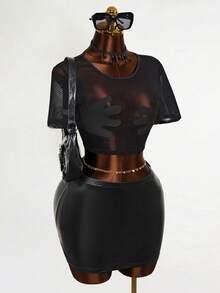 Mistrie Lady Sexy Net Fabric Transparent Embroidery T-Shirt - Black - View 4