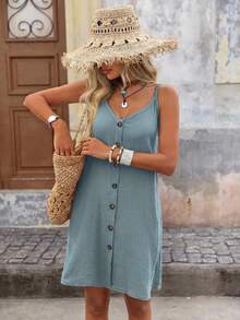 Brillora 夏季度假休闲纯色前扣吊带连衣裙 - 霧霾藍 - 查看 2