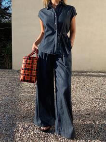 DAZY Women's Denim Shirt With Collar, Sleeveless, Side Tie-Up And Loose Fit Denim Pants, Casual Denim Set - Dark Wash - View 2