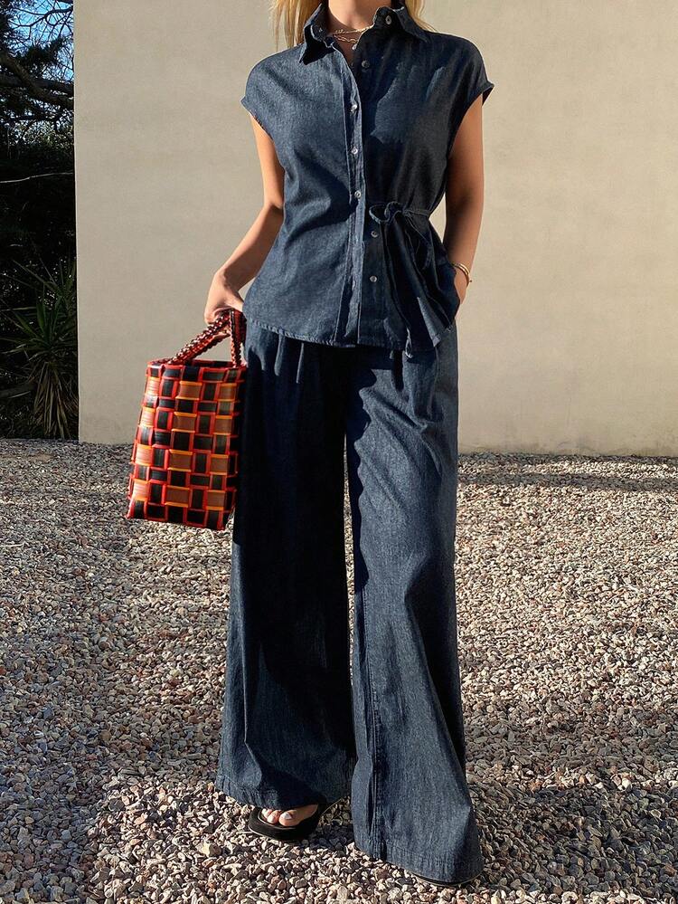 Women's Denim Shirt With Collar, Sleeveless, Side Tie-Up And Loose Fit Denim Pants, Casual Denim Set