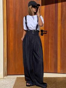 DAZY Pantalones peto vaqueros de cuello alto holgados y ajustables para mujer, estilo casual de ciudad - Azul lavado oscuro - Ver 3