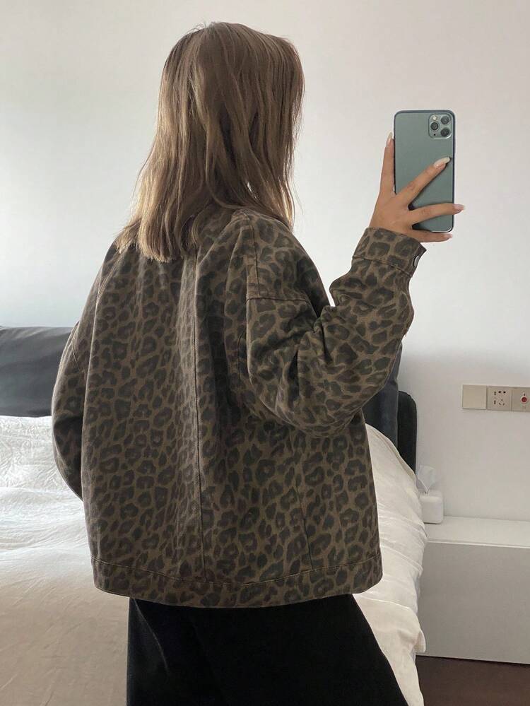 Tall Women Leopard Print Lapel Zip-Up Loose Casual Denim Jacket And Coat