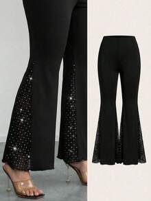 Chikora Plus Size Stretchy Lace Patchwork Flare Leg Black Pants - Black - View 3