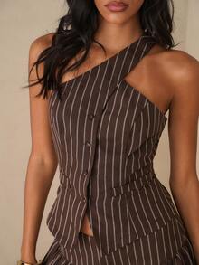 Glamine Women's Fashion Striped Asymmetrical Shoulder Casual Commuter Shirt - Brown - View 4