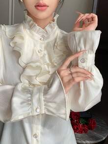 DAZY Women's Stand Collar Ruffle Trim Fashionable Versatile Long Sleeve Blouse - White - View 12