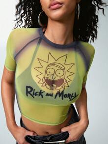Rick and Morty X SHEIN 女士夏季时尚字母和人像图案短袖露脐紧身衣 - 綠色 - 查看 4