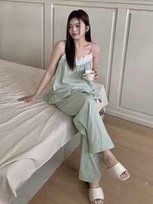 Dazy Plus 2pcs Cute Contrast Lace Loose Camisole & Long Pants Pajama Set, Spring/Summer - Mint Green - View 6