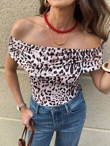 Solivie Women's Leopard Print Ruched Off-Shoulder Fashion T-Shirt - Multicolor - View 4