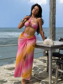 Bonvoyette 3件套女士春夏沙滩装，包含比基尼套装和罩衫，性感网红风，优雅浪漫甜美粉橙渐变色，3D蝴蝶兰花装饰，无肩带泳衣，网纱裙，适合夏季度假、海滩、泳池、日常穿着 - 彩色 - 查看 3