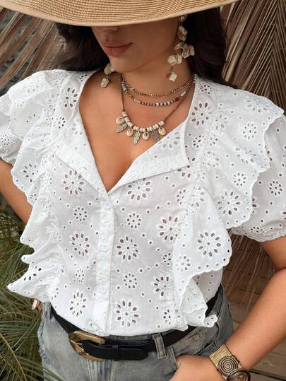 Ceyna Plus Size Embroidered Round Neck Ruffle Trim Short Sleeve Blouse