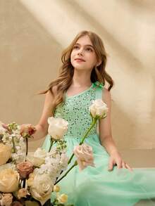 女童优雅绿色亮片网纱单肩蝴蝶结长款修身连衣裙，适合晚宴、圣诞节、万圣节、婚礼、花童、舞会、毕业典礼、节日等场合。 - 綠色 - 查看 6