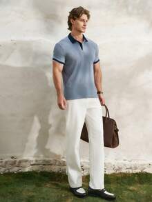 Airaco 夏季庆典季海军蓝撞色领竖条纹纹理男士Polo衫，奢华约会之夜氛围，海滩度假透气舒适 - 藍色 - 查看 6