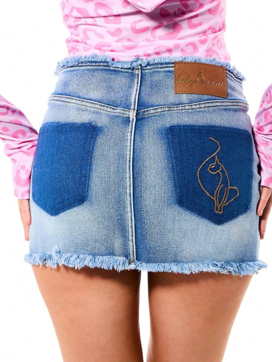 BABYPHAT Denim Mini Skirt With Two Tone Wash Frayed Hem Logo Embroidered Detail High Waisted A-Line Cut Casual Day Summer Wear - Blue - View 1