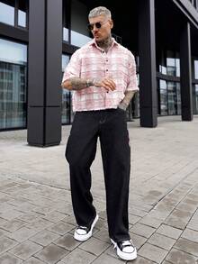 Artur Kramer Men's Street Fashion Casual Plaid Embroidered Floral Design Straight Leg Wide Leg Jeans Baggy Jeans With Design Valentine's Day Y2k Spring To Summer - Black - View 1