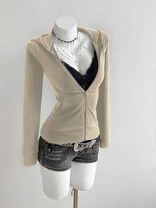 Elamini Chaqueta con capucha y cremallera, bordada y ajustada de manga larga para mujer - Albaricoque - Ver 6