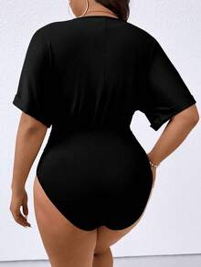 SHEIN Clasi Plus Size Women Casual Solid Color Batwing Sleeve Bodysuit - Black - View 2