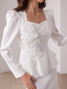Modelyn 春夏优雅方领刺绣花瓣袖上衣搭配鱼尾裙 - 白色 - 查看 7