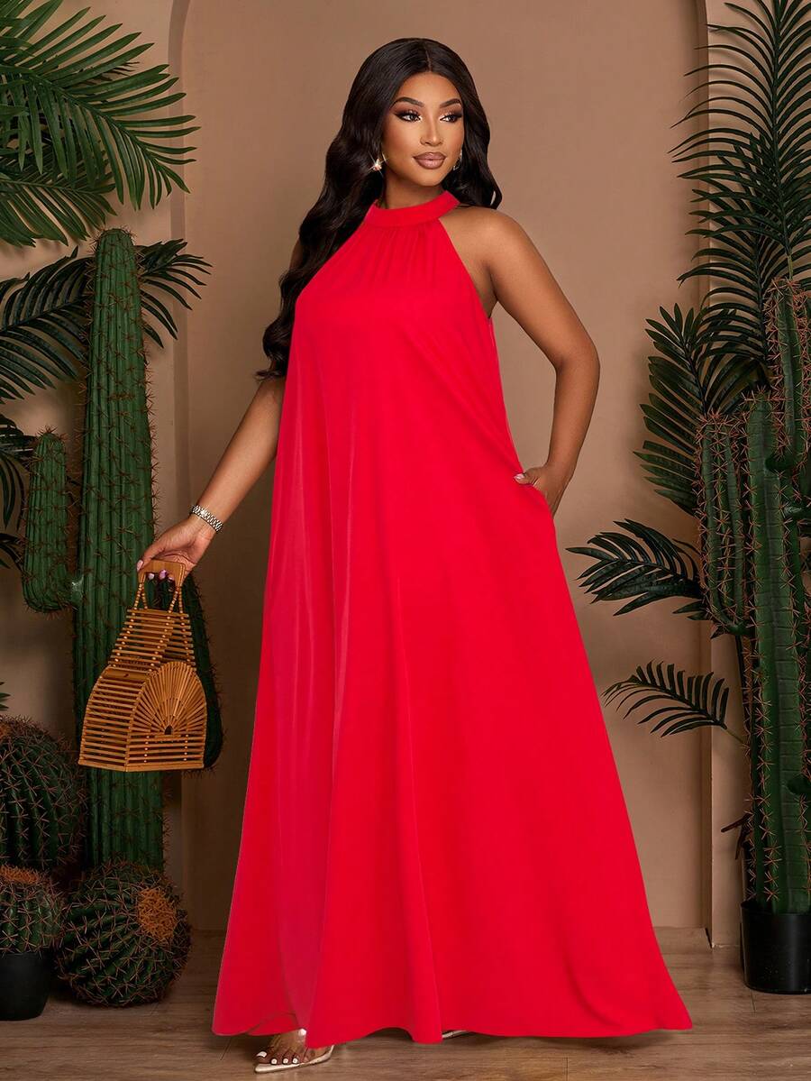 SOLERSUN Rochie lungă de primăvară/vară, lejeră, casual, la modă, culoare solidă, fără mâneci, fără spate, cu nod în talie, linie A, rochie de primăvară/vară, rochie lungă de vacanță la plajă, rochie lungă de vacanță la mare (cu buzunare laterale), vacanță liniștită și luxoasă, demnă, insulă tropicală, stil boem, elegantă și lejeră, potrivită pentru Ziua Sfântului Patrick, Paște, festivaluri de muzică, potrivită pentru ținute de primăvară și vară. - roșu - Vizualizare 1