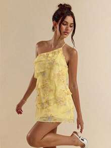 SHEIN BAE Yellow Floral Asymmetrical Shoulder Ruffle Layered Mini Dress, Spring/Summer - Yellow - View 3