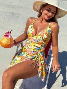 Swim Vcay Women's Summer Beach Floral Print Drawstring Criss-Cross V-Neck Ruffle Skort Swimsuit Cover Up - Multicolor - View 6