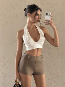 Bluhae Stylish Khaki Mini Shorts For Women Casual Woven Fabric Plain Design With Decorative Buckles - Khaki - View 7