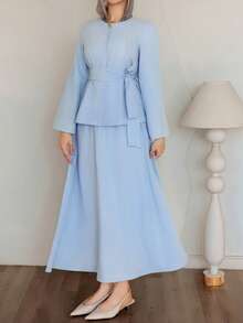 DAZY Women's Casual Solid Color Round Neck Belted Shirt And Skirt 2-Piece Set, Spring/Summer - Blue - View 4