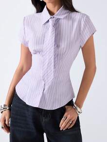 LYSMO 女士休闲条纹短袖衬衫，夏季 - 紫色 - 查看 1