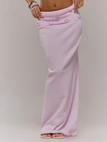 MUSERA 花朵贴花针织翻边腰长裙套装（仅含下装）可爱春季复活节场合少女性感外出柔美绽放 - 粉色 - 查看 2