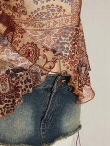 SHEIN ICON 女士复古佩斯利印花拼接不对称下摆可爱性感上衣，秋冬款 - 卡其色 - 查看 5