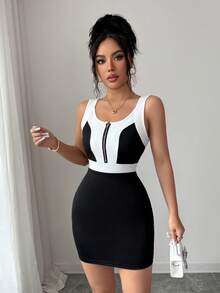 Elenzga Women's Black & White Splice Bodycon Mini Dress - Black - View 4