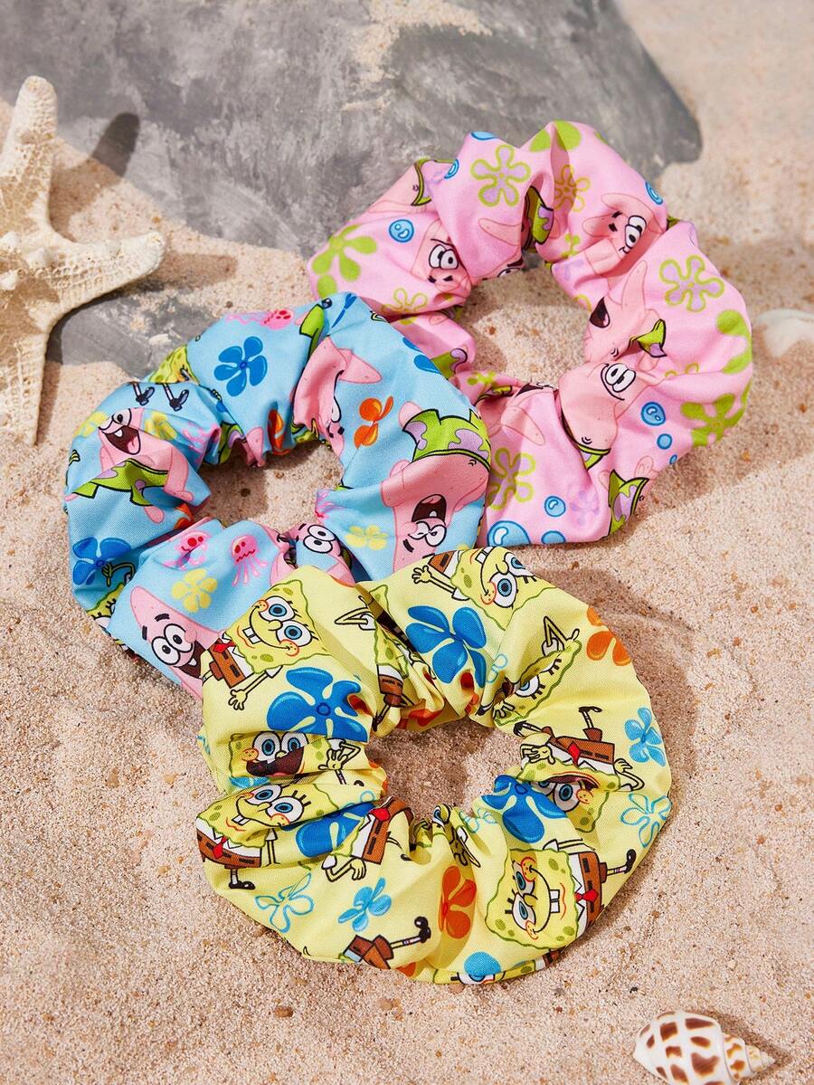 SpongeBob SquarePants | SHEIN 3 chiếc dây buộc tóc in hình hoạt hình dễ thương với màu sắc kẹo ngọt, thích hợp dùng ở nhà hoặc đi chơi, đặc biệt là cho kiểu tóc đuôi ngựa cao. - Nhiều màu - Xem 1