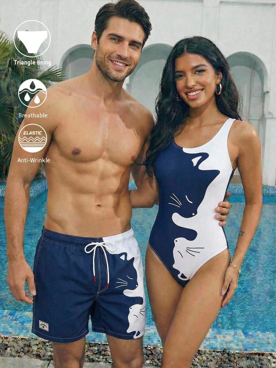 Horizaway Shorts de playa con bolsillo y estampado de color contrastante para hombres - Azul - Ver 1