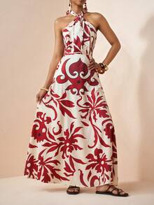 Zivah Vestido largo con estampado floral rojo, escote halter, detalle de volantes en el bajo y cierre delantero para mujer, ideal para vacaciones, fiestas, bodas, paseos, cruceros, playa, etc. - Rojo - Ver 5
