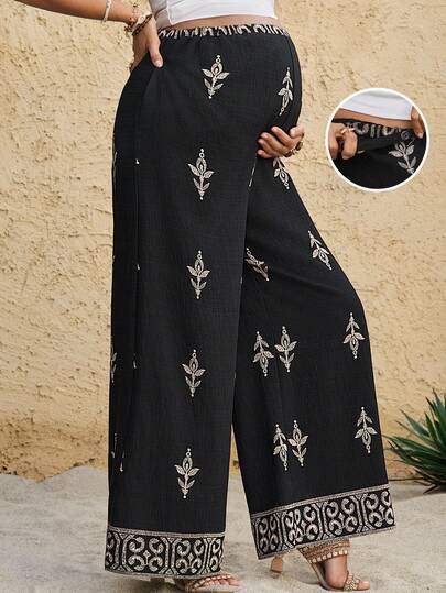 Boho Mama Maternity Floral Embroidery Adjustable Waist Casual Versatile Wide Leg Pants For Daily Wear