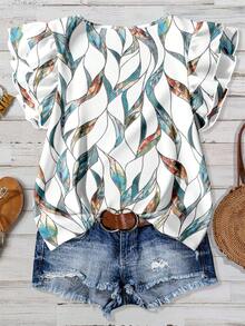 Mellowie Casual Minimalist Green Church Glass Style Flat Print Pattern Women's Ruffle Sleeve Elegant Blouse, Suitable For Spring/Summer Vacation - Multicolor - View 2