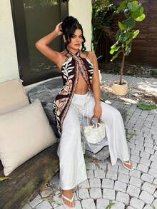 SHEIN SXY 女士热带植物印花露背度假上衣 - 彩色 - 查看 5