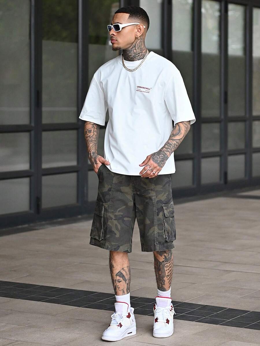 Devon Thys 男士休闲迷彩印花牛仔工装短裤,夏季男士迷彩短裤 - 軍綠色 - 查看 1