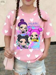 1pc Young Girl Cute Style Pink Top With Allover Heart Print,Loose Fit,Suitable For Summer,School,Great Valentine's Day Gift For Girls,Tops - Baby Blue - View 4