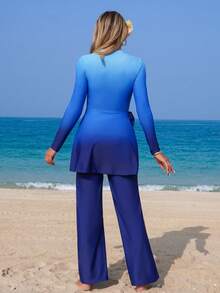 SHEIN Swim Mulvari Blue Ombre Loose 2 Pieces Set. Ombre Design Wide Leg Pants, Flattering And Relaxed Style Summer Beach Outfits For Women - Multicolor - View 2