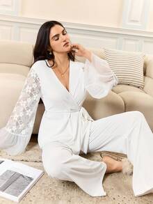 Mature Elegant Lace Blouse Set, French Graceful Charm Sleepwear Set, Romantic Lace Ruffle Sleeve Layered Sleepwear Set For Women - White - View 4