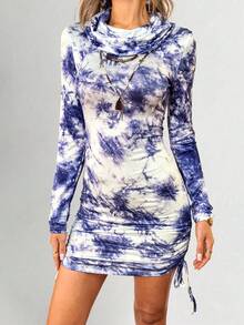 Fembélia Colorful Print Vacation Style Turtleneck Women's Dress - Blue - View 2