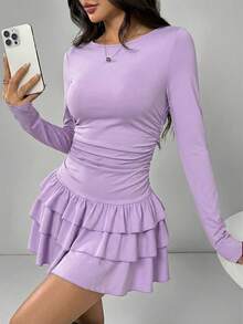 SHEIN EZwear 女士优雅薰衣草色荷叶边长袖连衣裙 - 淡紫色 - 查看 6