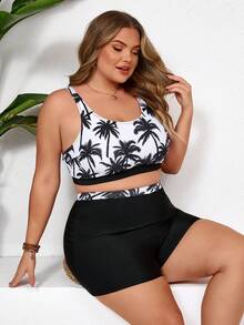 SHEIN CURVE+ Bộ đồ bơi mùa hè in hình cây dừa dành cho nữ cỡ lớn - màu đen - Xem 5