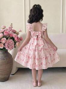 SHEIN Tween Girl Casual Vacation Floral Print Backless Bow Cutout Waist Ruffle Flare Sleeve Dress, Pink - Baby Pink - View 1