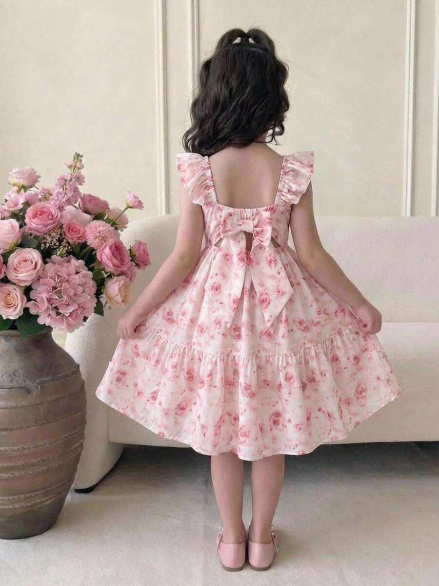 SHEIN Tween Girl Casual Vacation Floral Print Backless Bow Cutout Waist Ruffle Flare Sleeve Dress, Pink - Baby Pink - View 1